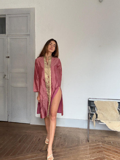 Vintage Indian pure silk dusty pink & gold dress – breathable lined kurta tunic, elegant boho luxury, one of a kind