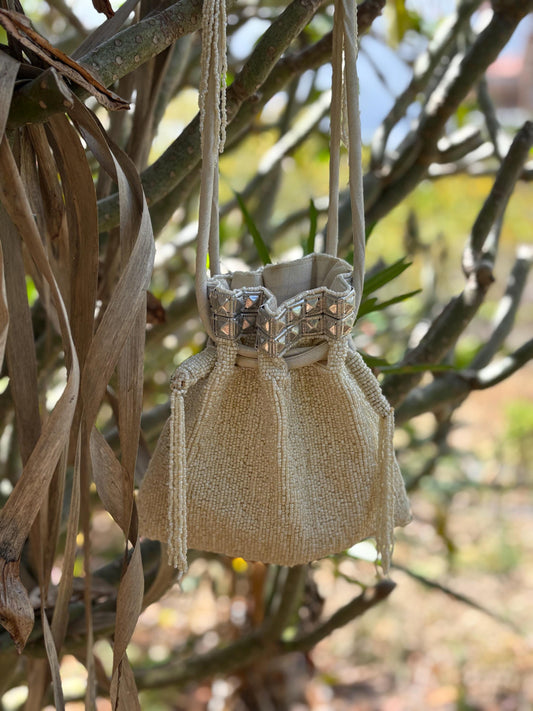 Vintage ivory beaded evening bag with sequin details and tassels – romantic 1920s-inspired drawstring pouch purse