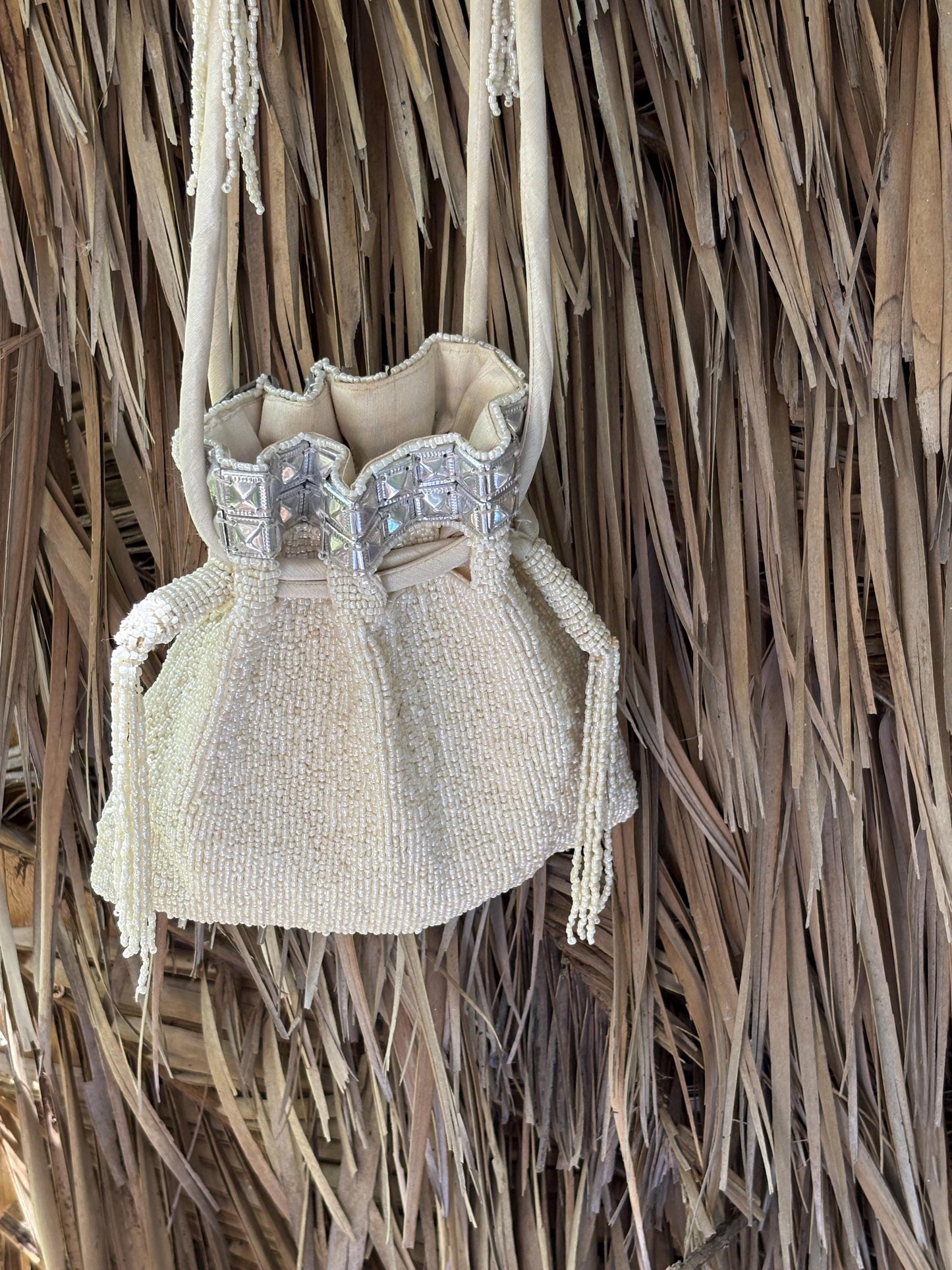 Vintage ivory beaded evening bag with sequin details and tassels – romantic 1920s-inspired drawstring pouch purse