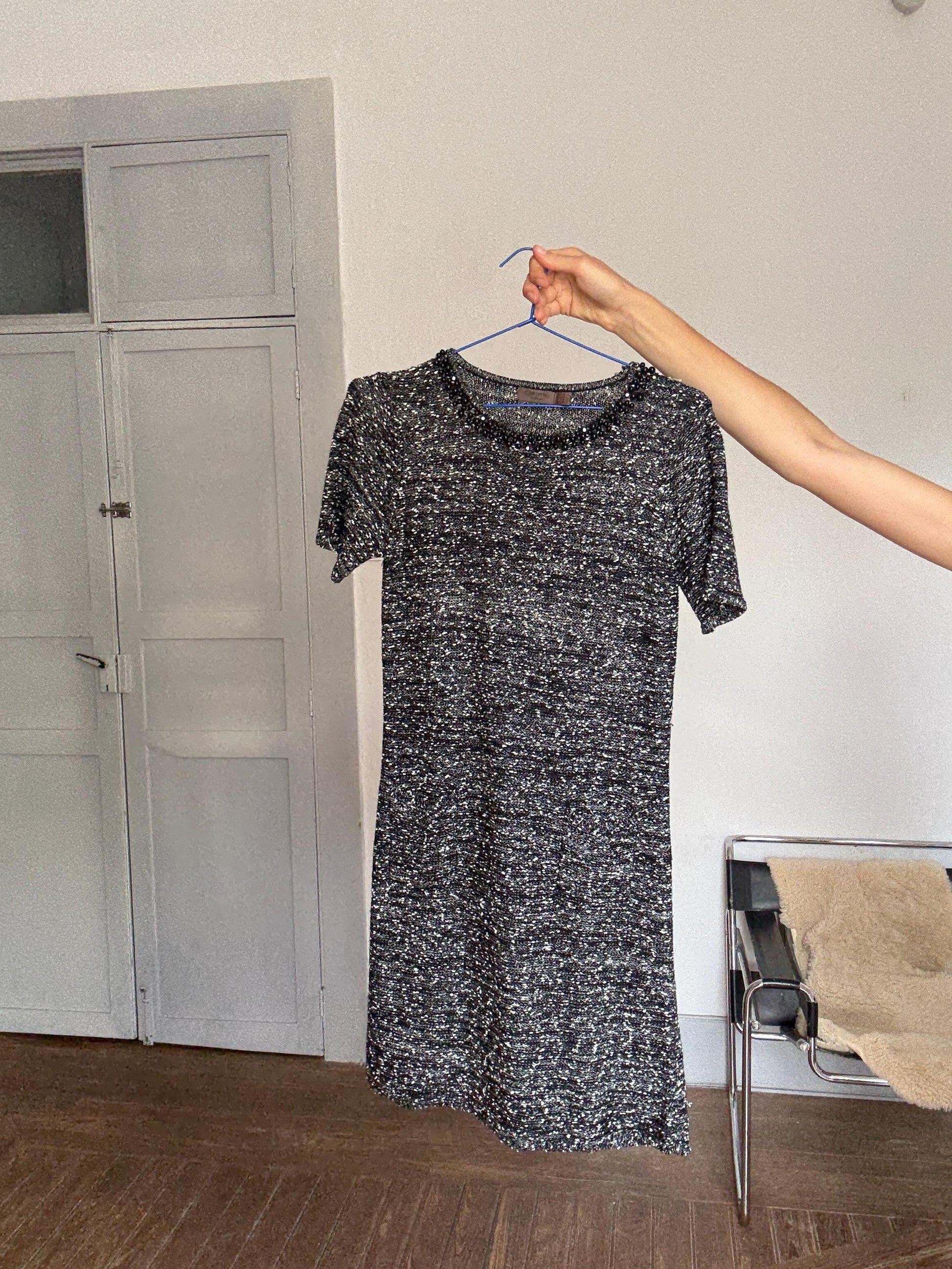 Luxe Beaded Tweed Mini Dress, Spanish designer Luxury, Simple modern a lini short woman dress, Size M (UK 10 / US 6)