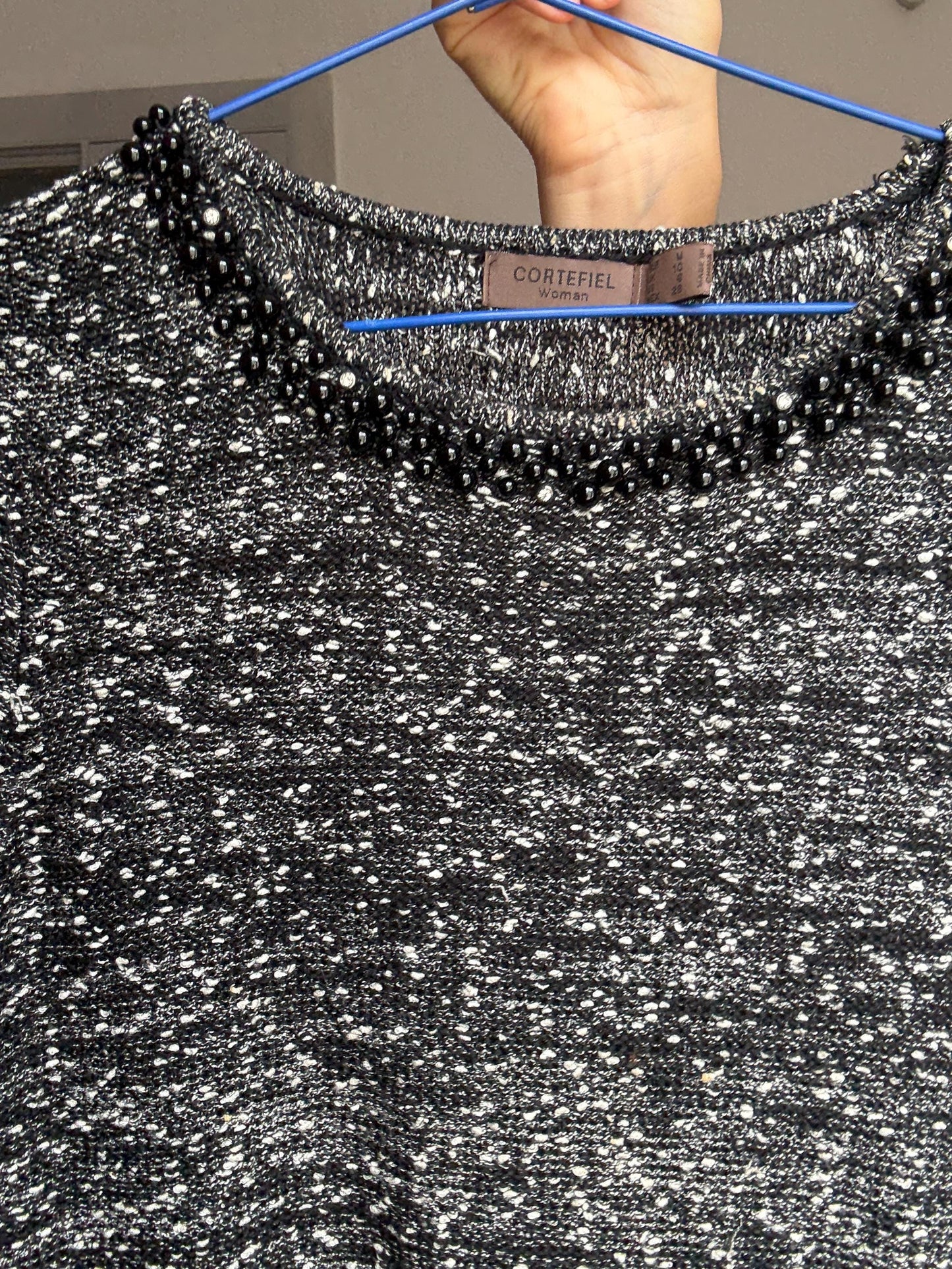 Luxe Beaded Tweed Mini Dress, Spanish designer Luxury, Simple modern a lini short woman dress, Size M (UK 10 / US 6)