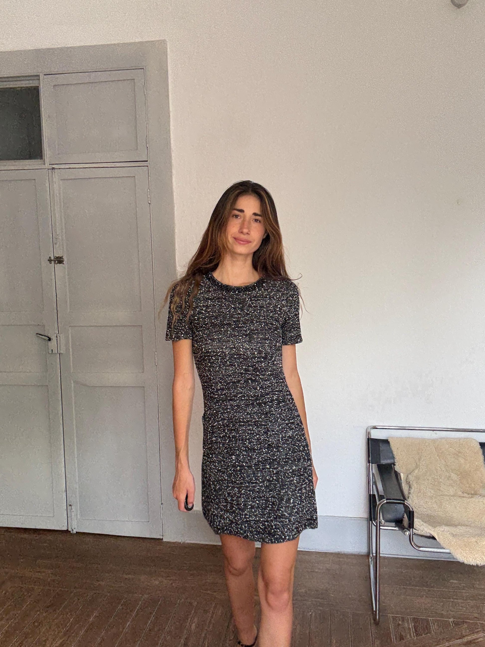 Luxe Beaded Tweed Mini Dress — back view