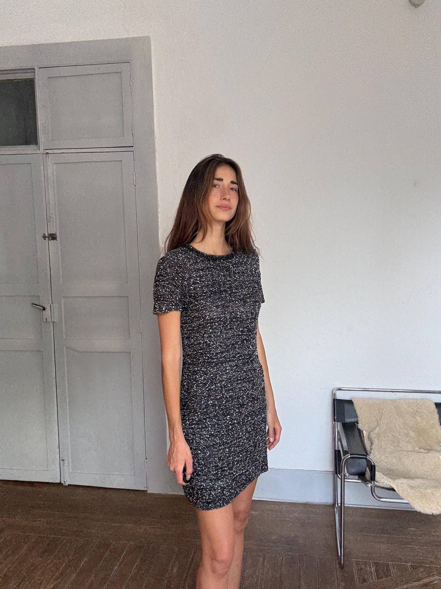 Luxe Beaded Tweed Mini Dress, Spanish designer Luxury, Simple modern a lini short woman dress, Size M (UK 10 / US 6)