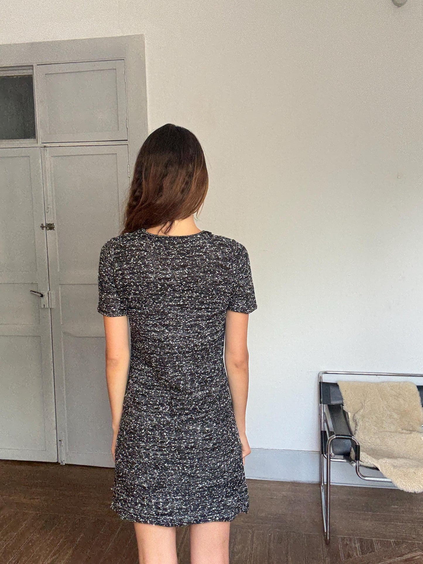 Luxe Beaded Tweed Mini Dress, Spanish designer Luxury, Simple modern a lini short woman dress, Size M (UK 10 / US 6)