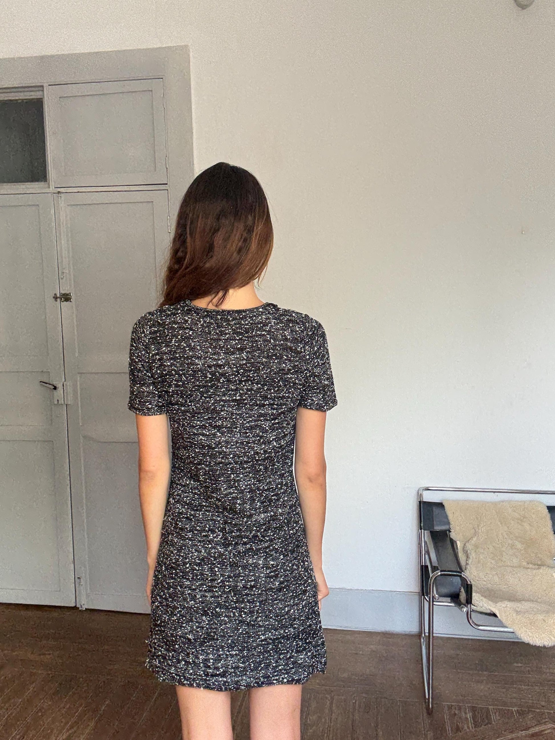 Luxe Beaded Tweed Mini Dress, Spanish designer Luxury, Simple modern a lini short woman dress, Size M (UK 10 / US 6)