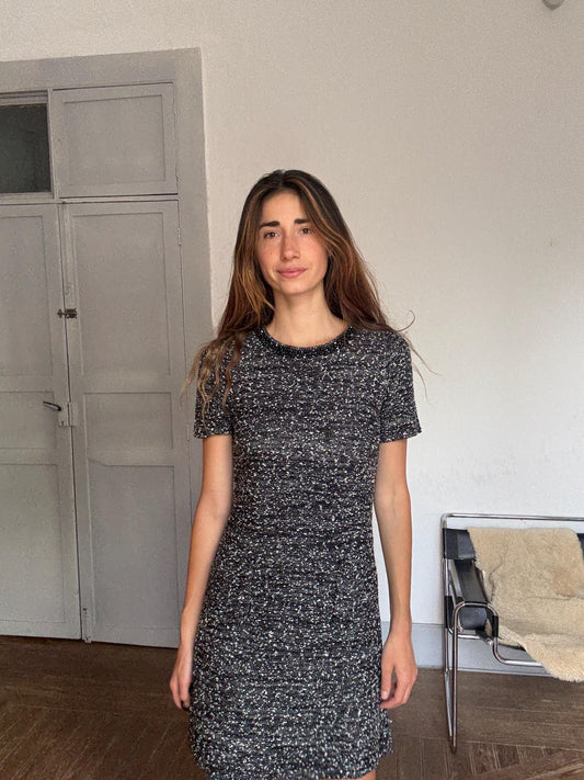 Luxe Beaded Tweed Mini Dress, Spanish designer Luxury, Simple modern a lini short woman dress, Size M (UK 10 / US 6)