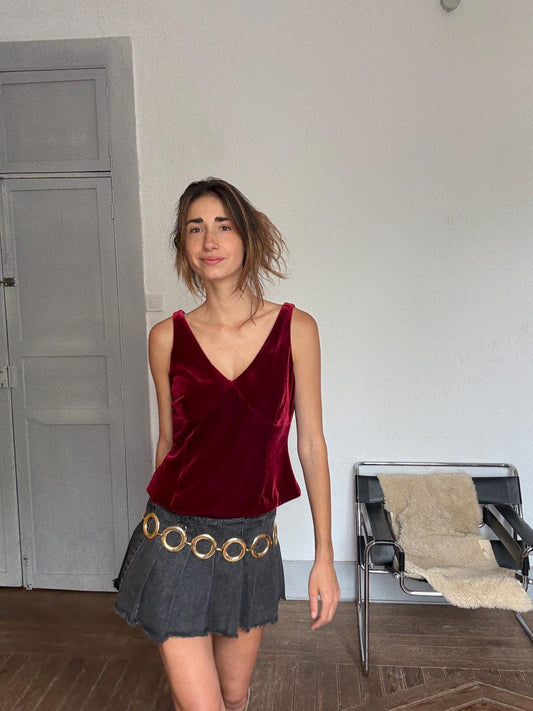 Vintage Red Velvet Camisole Top – Y2K Goth Dark Academia Aesthetic | Made in Spain, Size EU 38–40 M - L