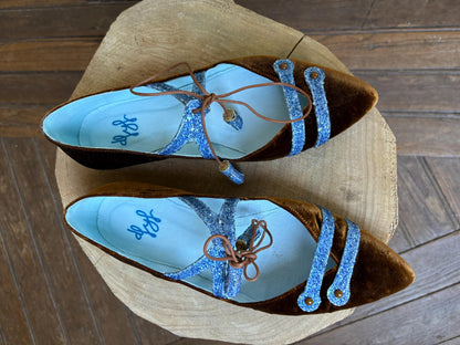 Brown & Blue Glittery Velvet Flats — fabric close-up