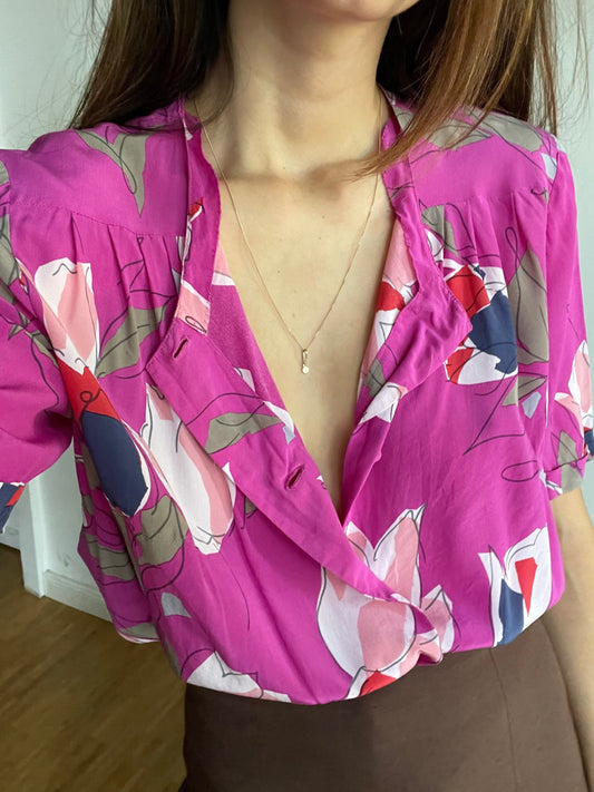 Vintage floral blouse in bold fuchsia with abstract tulip print, silk-feel slouchy fit top, romantic retro 90s aesthetic, Rachel Green vibe
