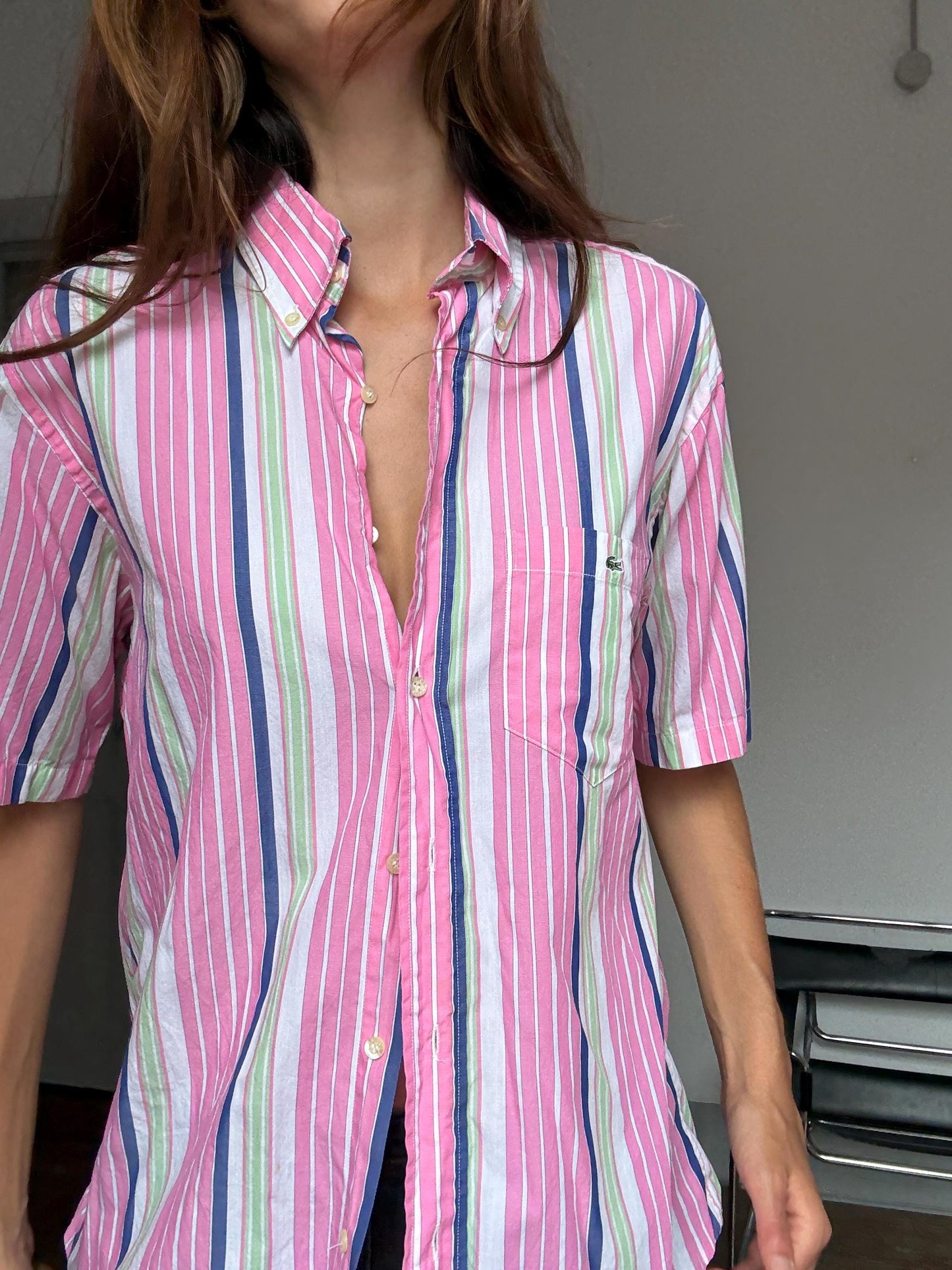 Vintage Lacoste Striped Shirt – Colourful Unisex Preppy Cotton Button-Up, Rainbow pink cheerful oversized summer clothing, Size 40 - M - L