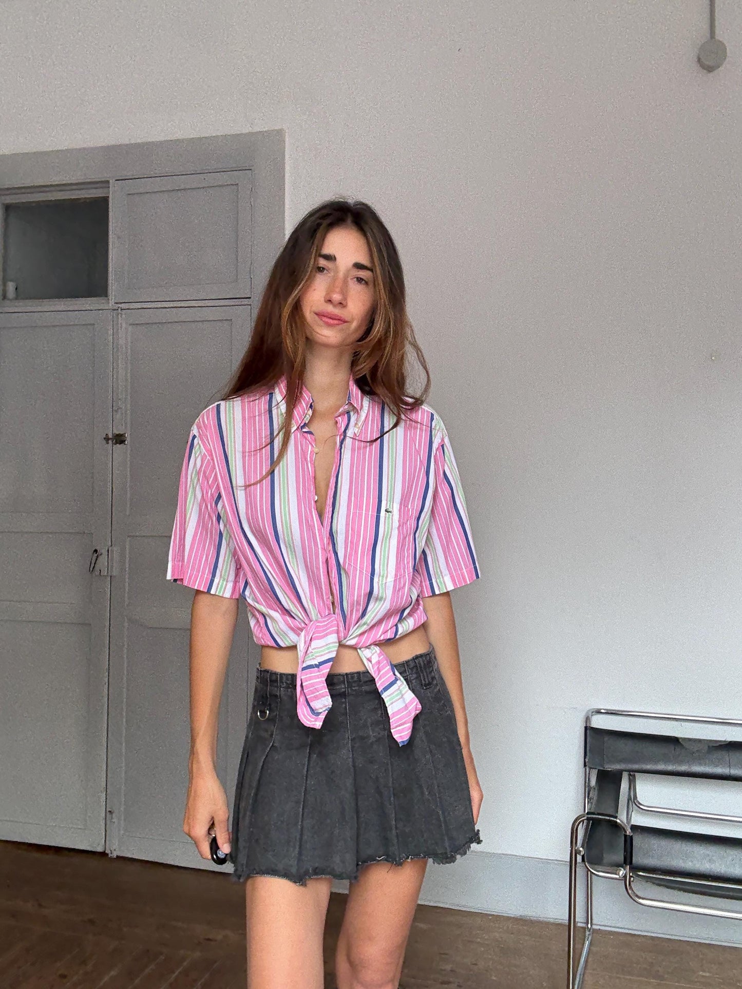 Vintage Lacoste Striped Shirt – Colourful Unisex Preppy Cotton Button-Up, Rainbow pink cheerful oversized summer clothing, Size 40 - M - L