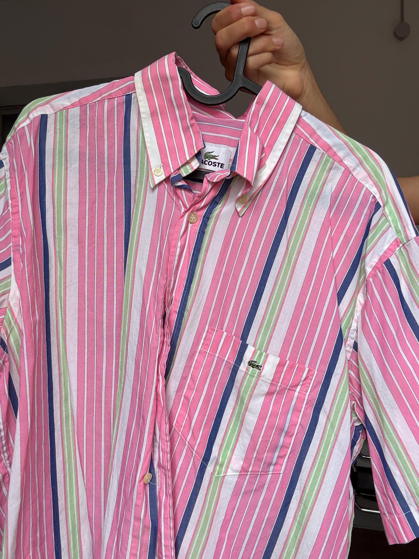 Vintage Lacoste Striped Shirt – Colourful Unisex Preppy Cotton Button-Up, Rainbow pink cheerful oversized summer clothing, Size 40 - M - L