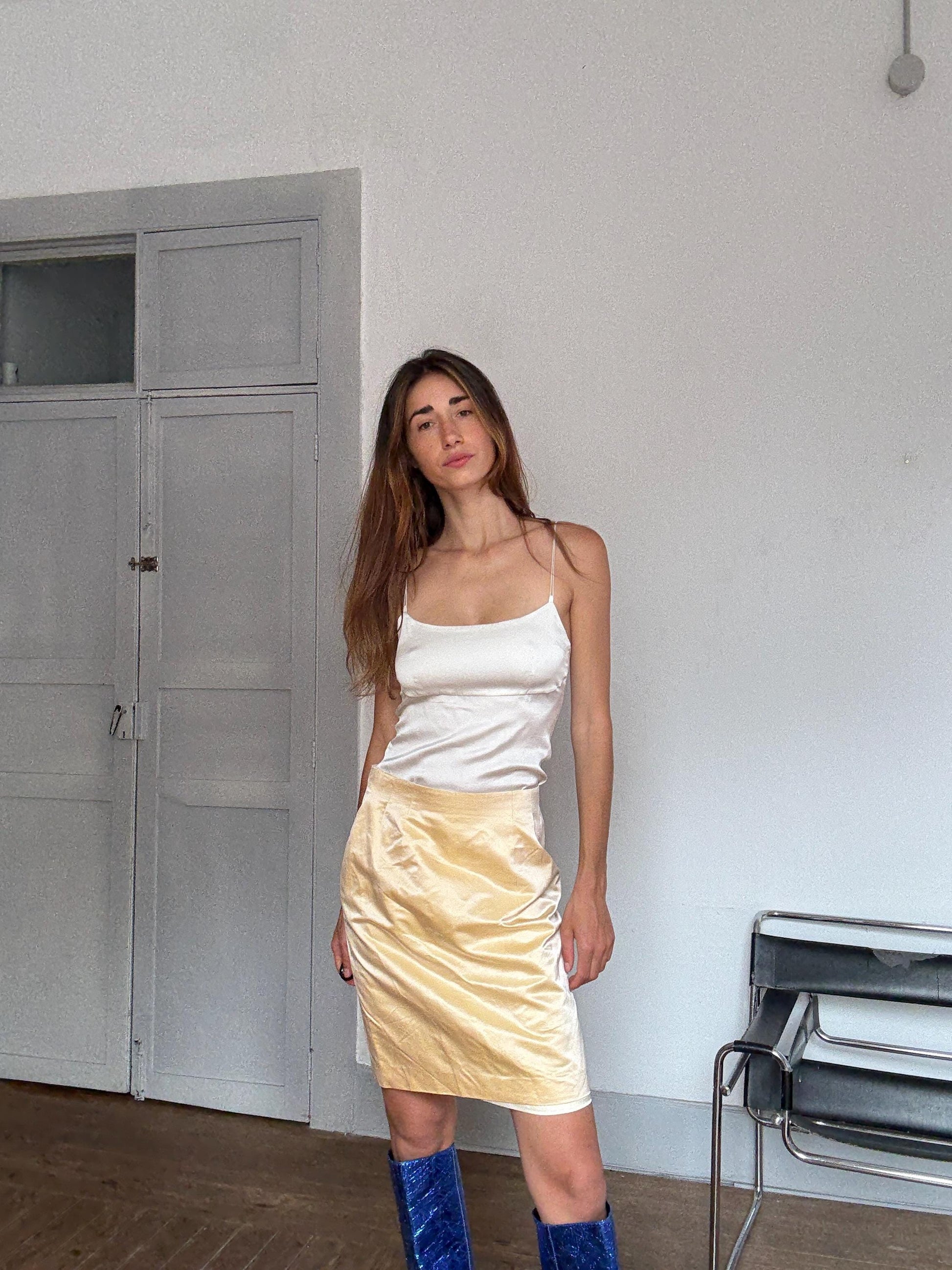 Vintage Jil Sander Silk Skirt Made in Italy – Y2K Minimalist Luxury Bottom, Pale Gold Satin, Carrie Bradshaw Style