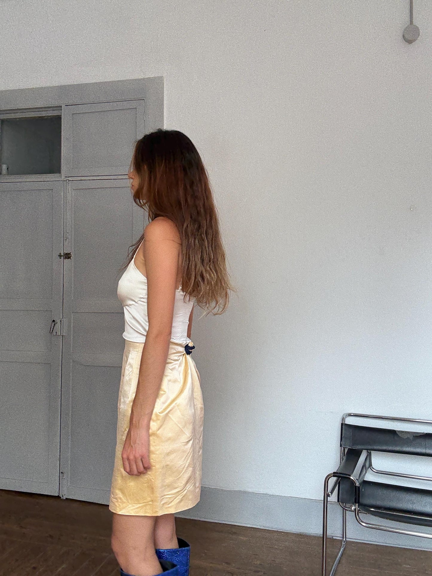 Vintage Jil Sander Silk Skirt Made in Italy – Y2K Minimalist Luxury Bottom, Pale Gold Satin, Carrie Bradshaw Style