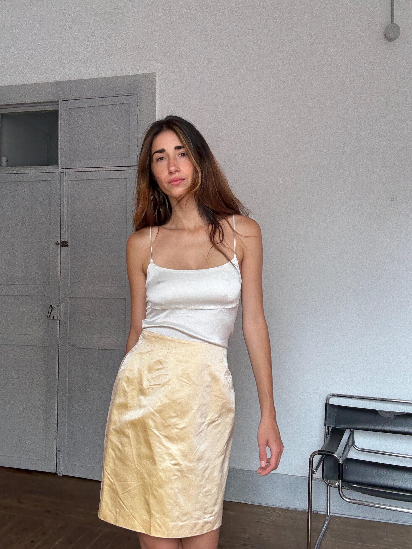 Vintage Jil Sander Silk Skirt Made in Italy – Y2K Minimalist Luxury Bottom, Pale Gold Satin, Carrie Bradshaw Style