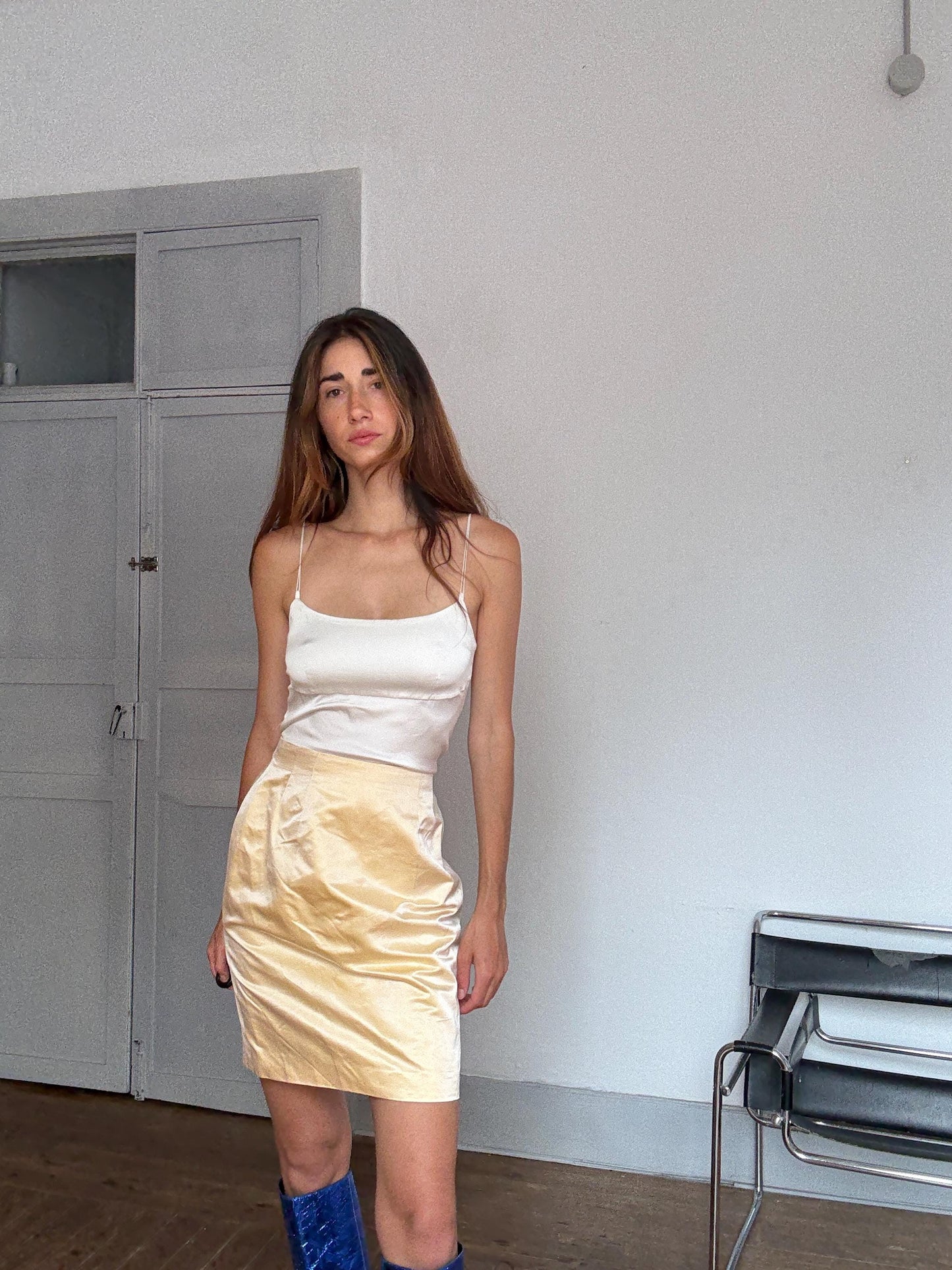 Vintage Jil Sander Silk Skirt Made in Italy – Y2K Minimalist Luxury Bottom, Pale Gold Satin, Carrie Bradshaw Style