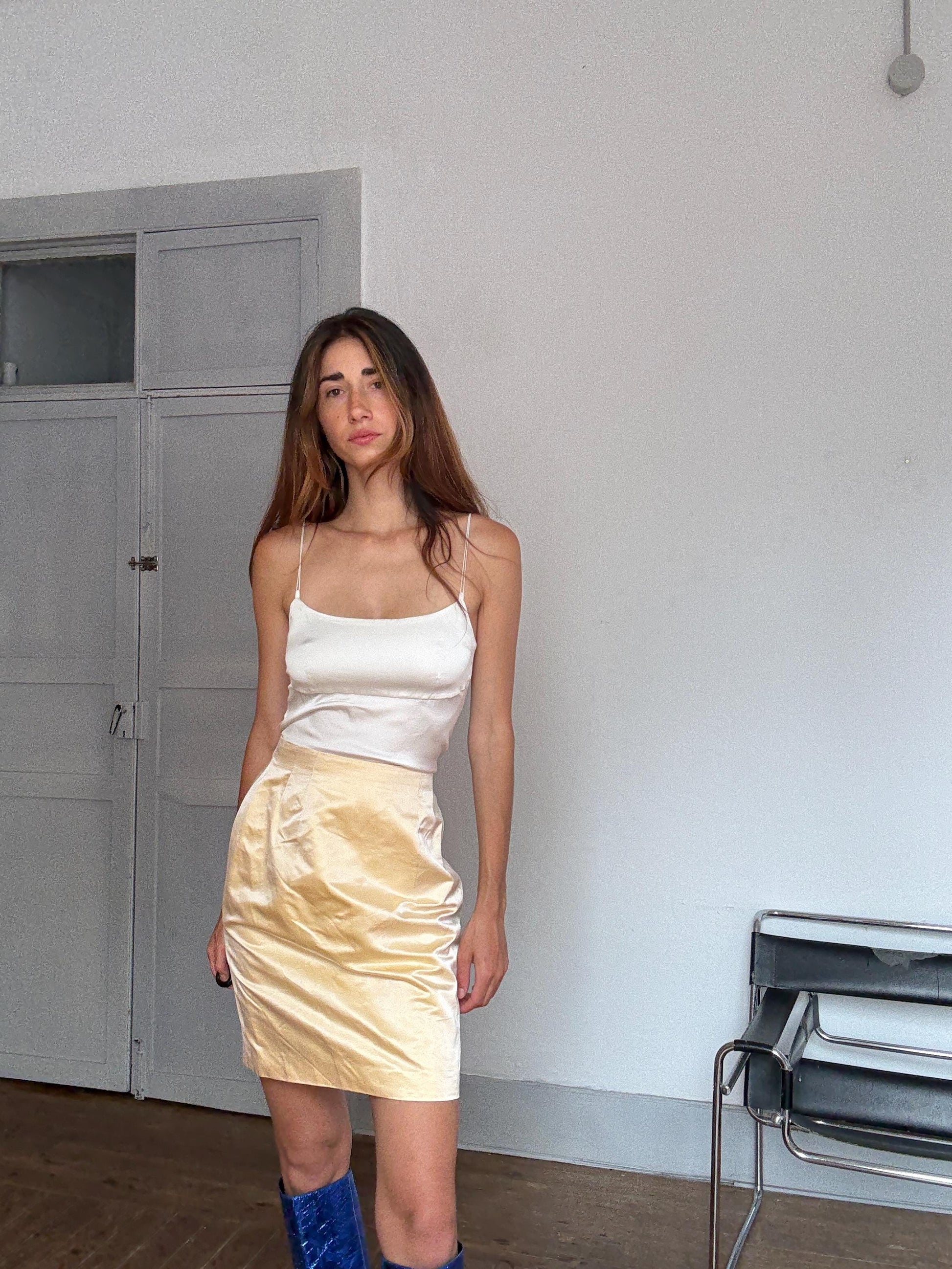 Vintage Jil Sander Silk Skirt Made in Italy – Y2K Minimalist Luxury Bottom, Pale Gold Satin, Carrie Bradshaw Style