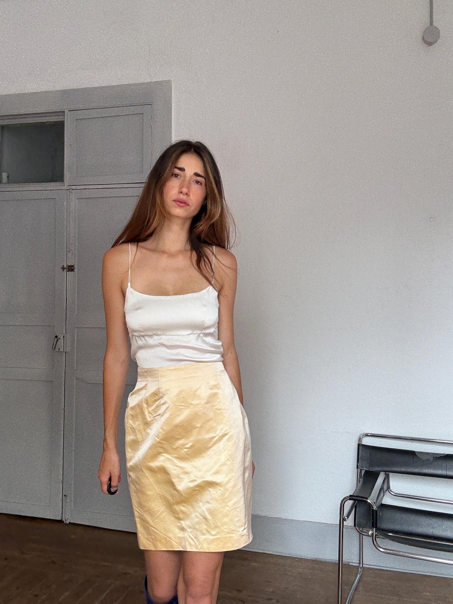 Vintage Jil Sander Silk Skirt Made in Italy – Y2K Minimalist Luxury Bottom, Pale Gold Satin, Carrie Bradshaw Style