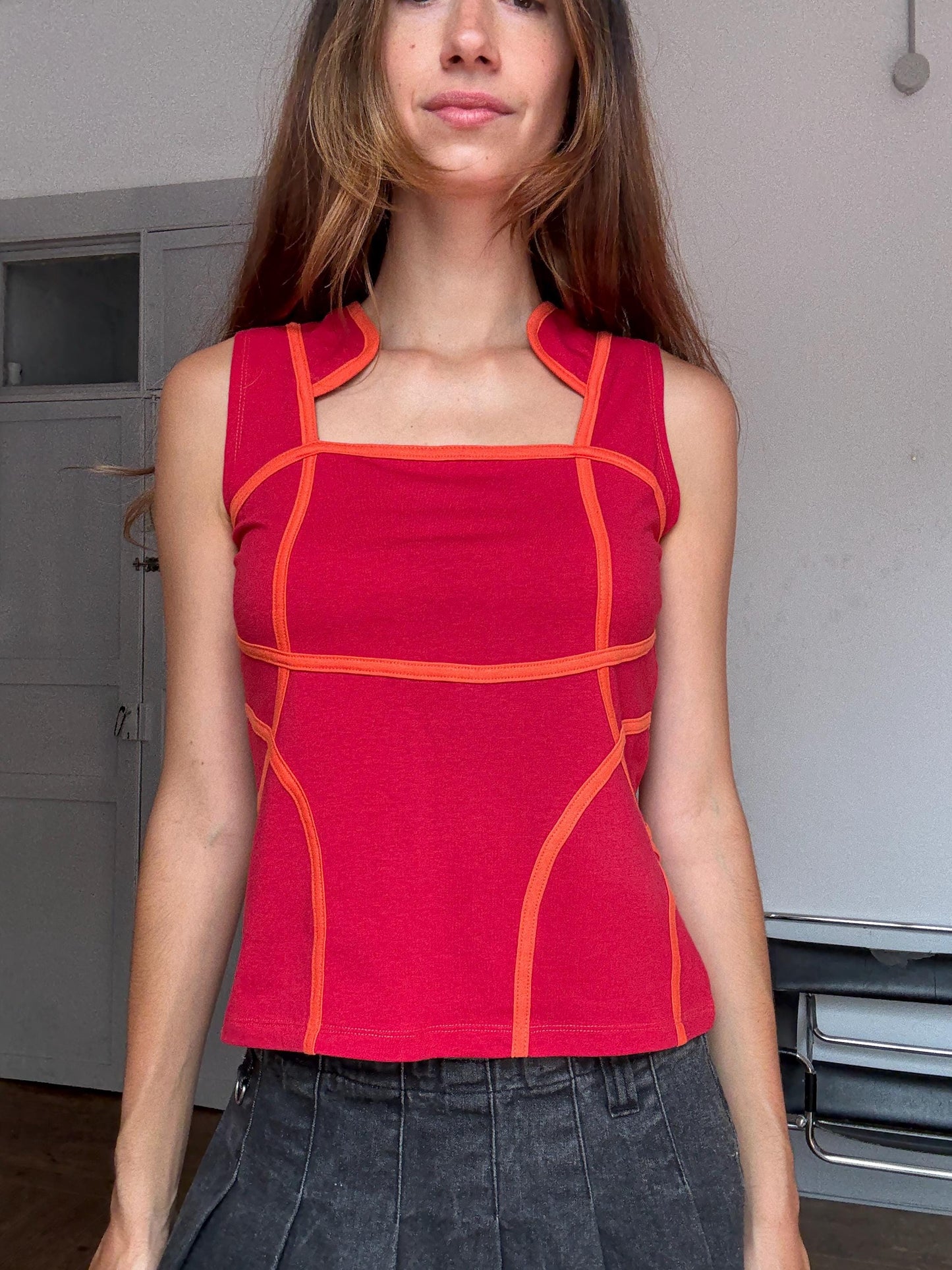 Y2K Vintage Futuristic Panel Top – Cyber Tank with Contrast Stitch – Spacecore Club Kid Aesthetic – Christina Milian Style, Size L