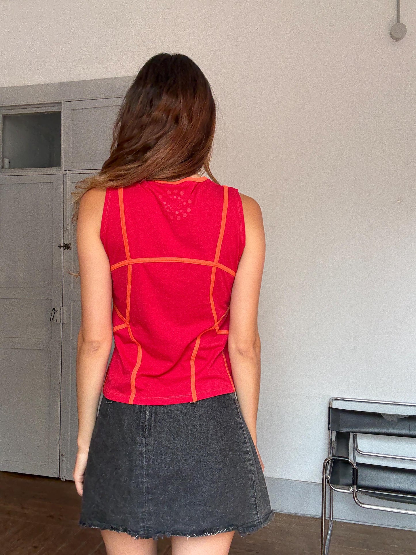 Y2K Vintage Futuristic Panel Top – Cyber Tank with Contrast Stitch – Spacecore Club Kid Aesthetic – Christina Milian Style, Size L