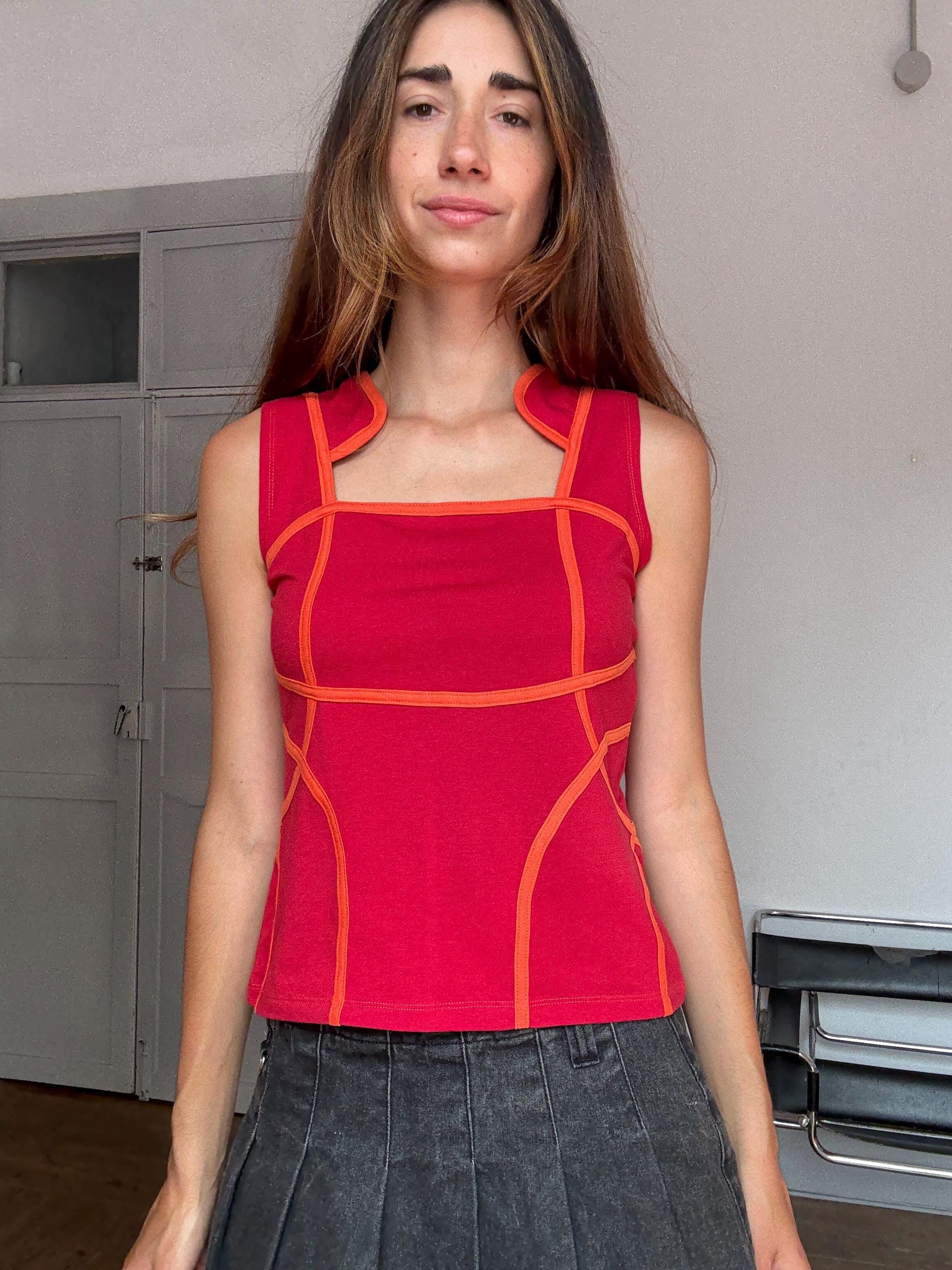 Y2K Vintage Futuristic Panel Top – Cyber Tank with Contrast Stitch – Spacecore Club Kid Aesthetic – Christina Milian Style, Size L