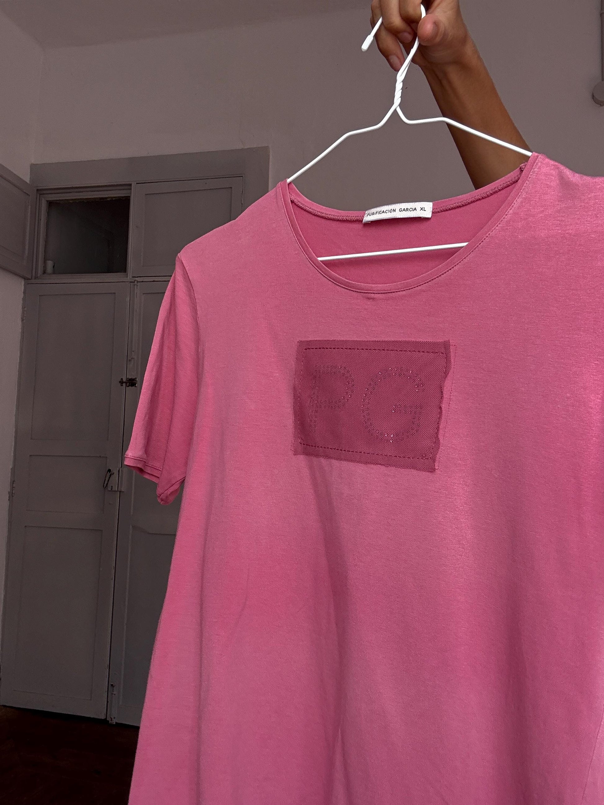 Purificación García Pink Logo T-Shirt – Size XL – Stretch Cotton – Spanish Designer – Y2K Vibes