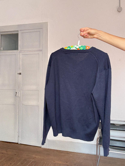 Vintage Navy Wool Blend Lacoste Jumper — fabric close-up