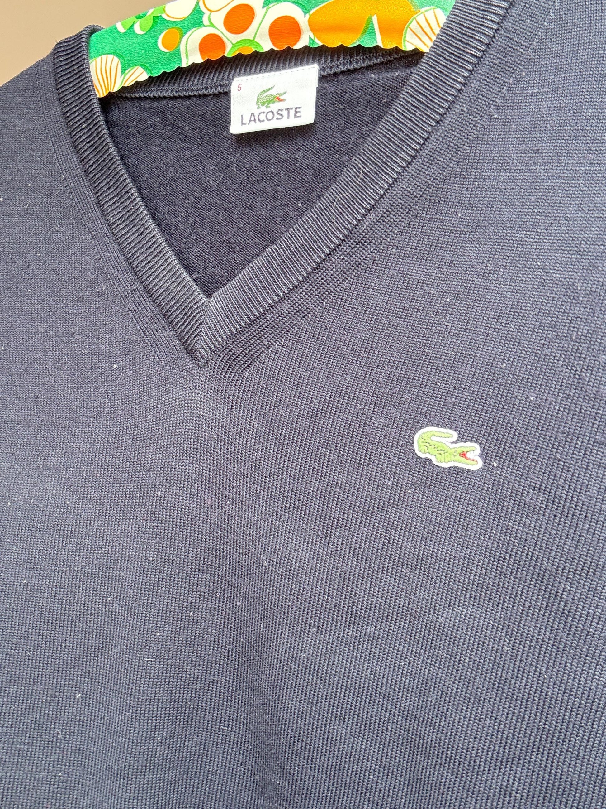 Vintage Lacoste Wool Blend Jumper – Tag Size 5 – Navy Blue – Unisex – Preppy / Academia Style