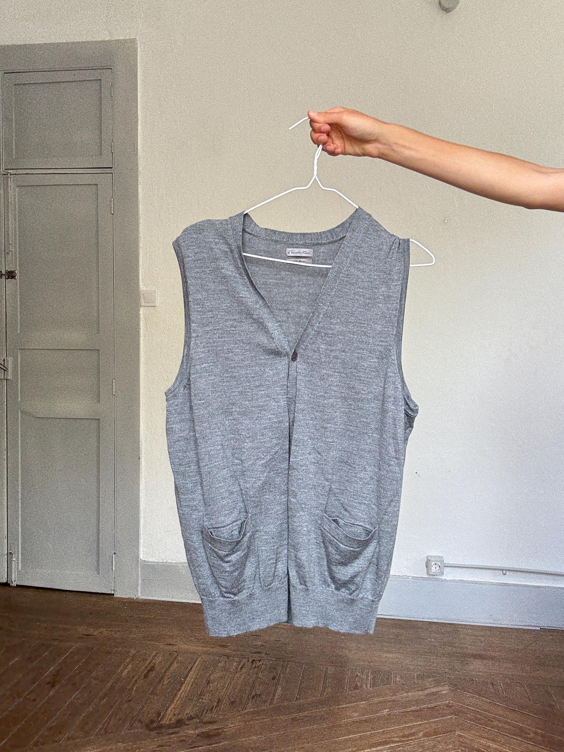 Vintage Merino Wool Knit Vest by Emidio Tucci – Soft Gray Sleeveless Cardi, Academia Layer, One Button, Fits M, Rachel Green Style