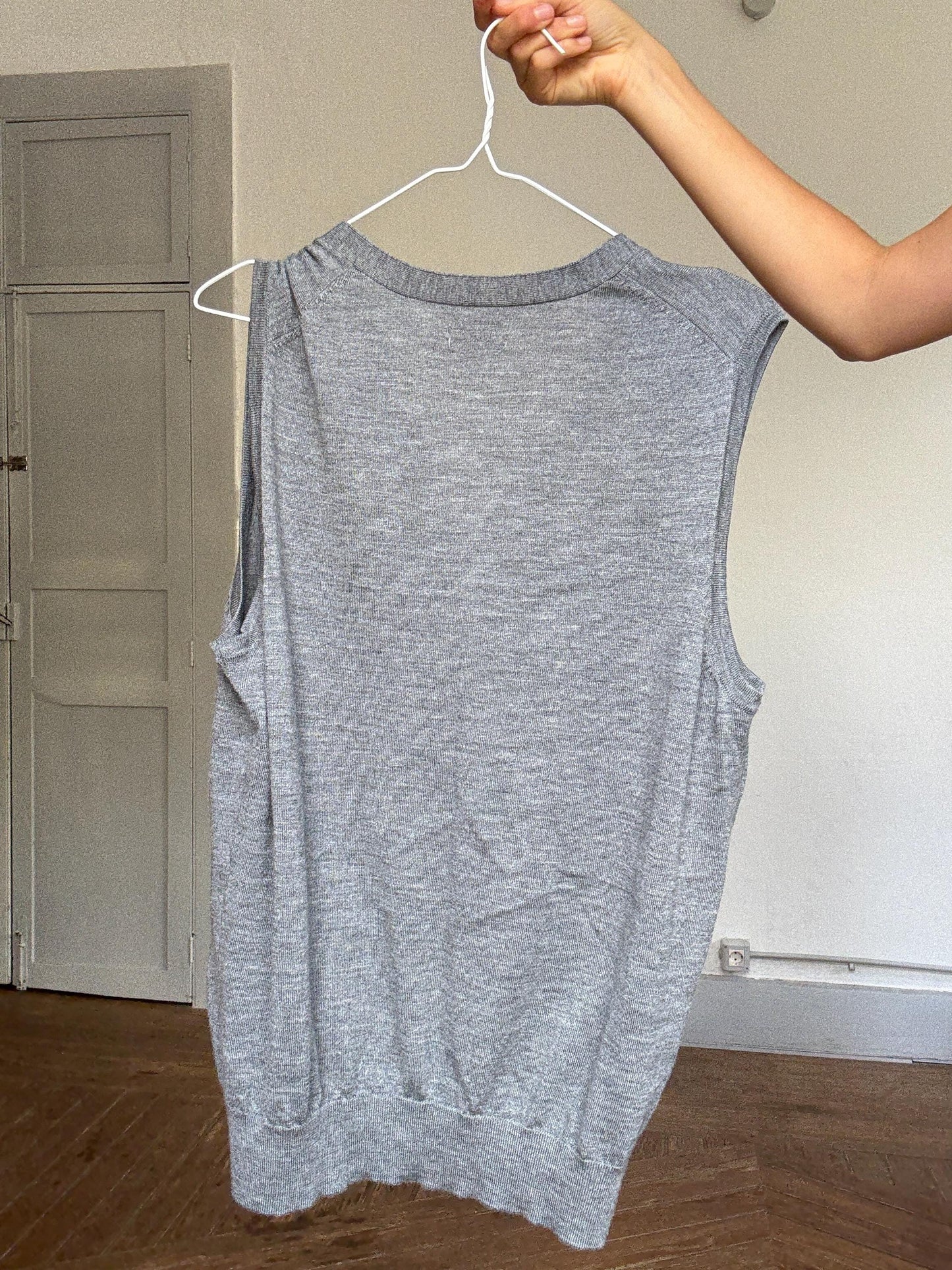 Vintage Merino Wool Knit Vest by Emidio Tucci – Soft Gray Sleeveless Cardi, Academia Layer, One Button, Fits M, Rachel Green Style