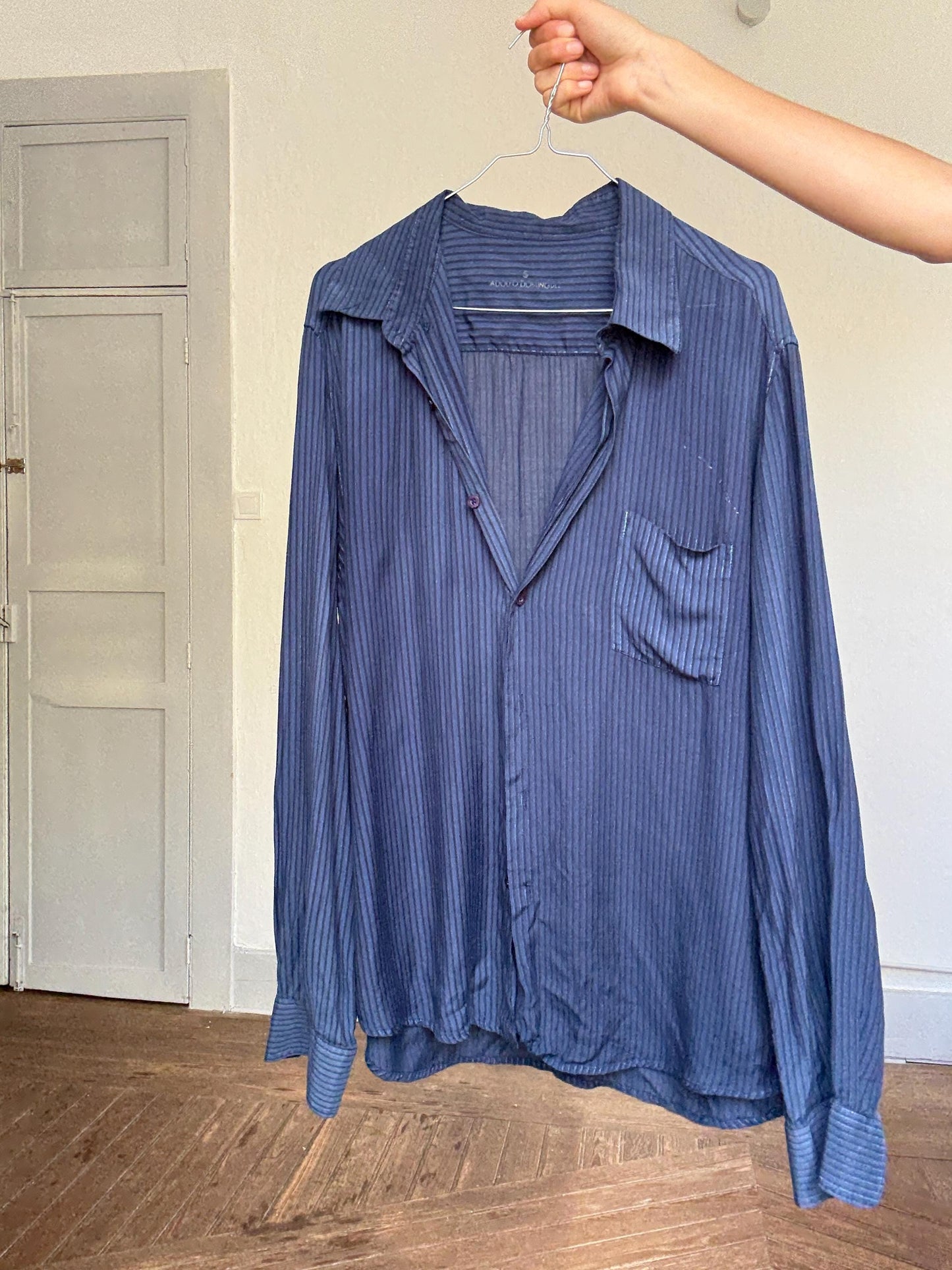 Vintage Adolfo Dominguez Navy Striped Shirt – 90s Minimalist Fit, Kate Moss Style, Sheer Viscose, Oversized Look Size L-XL