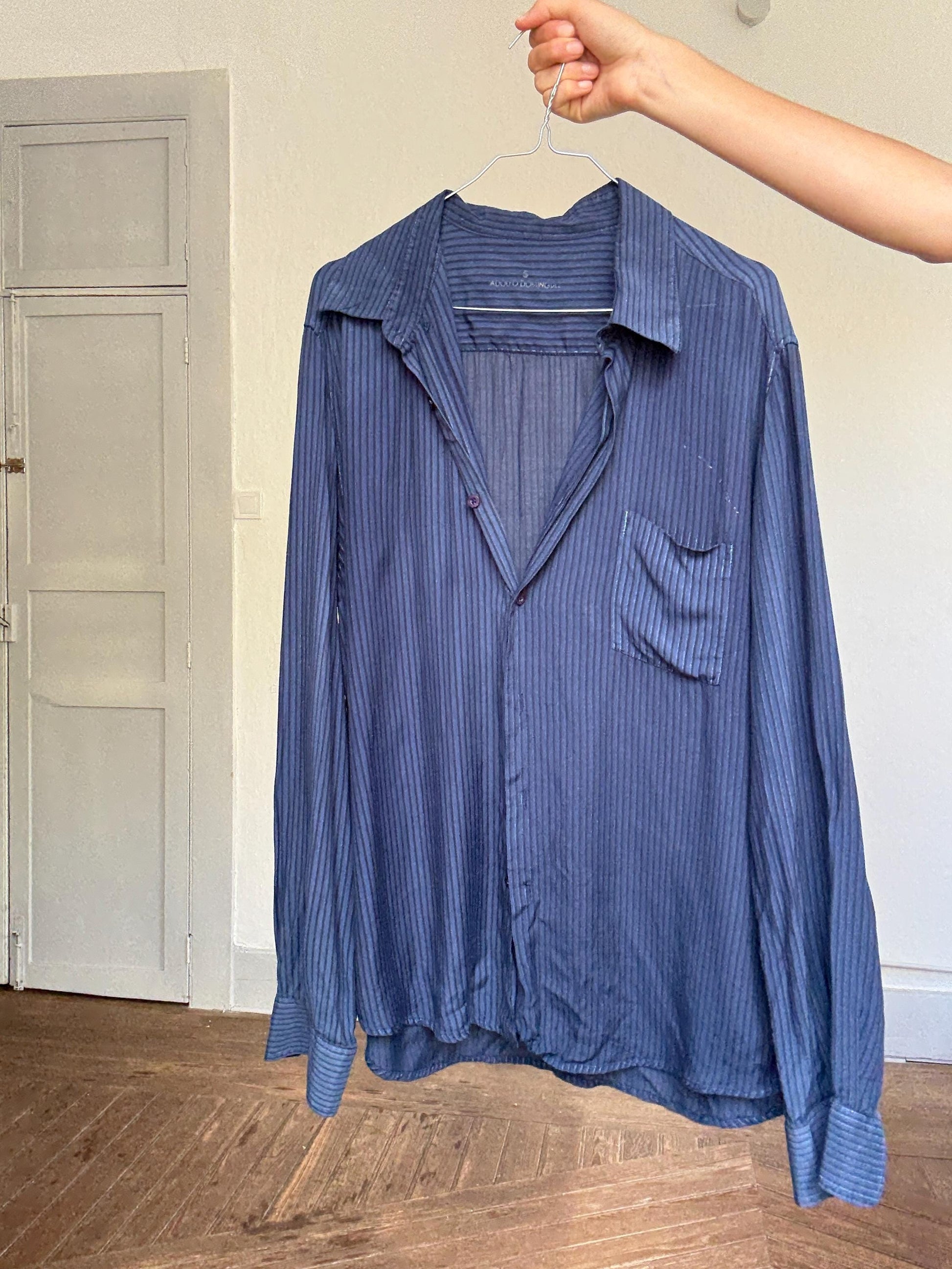 Vintage Adolfo Dominguez Navy Striped Shirt – 90s Minimalist Fit, Kate Moss Style, Sheer Viscose, Oversized Look Size L-XL