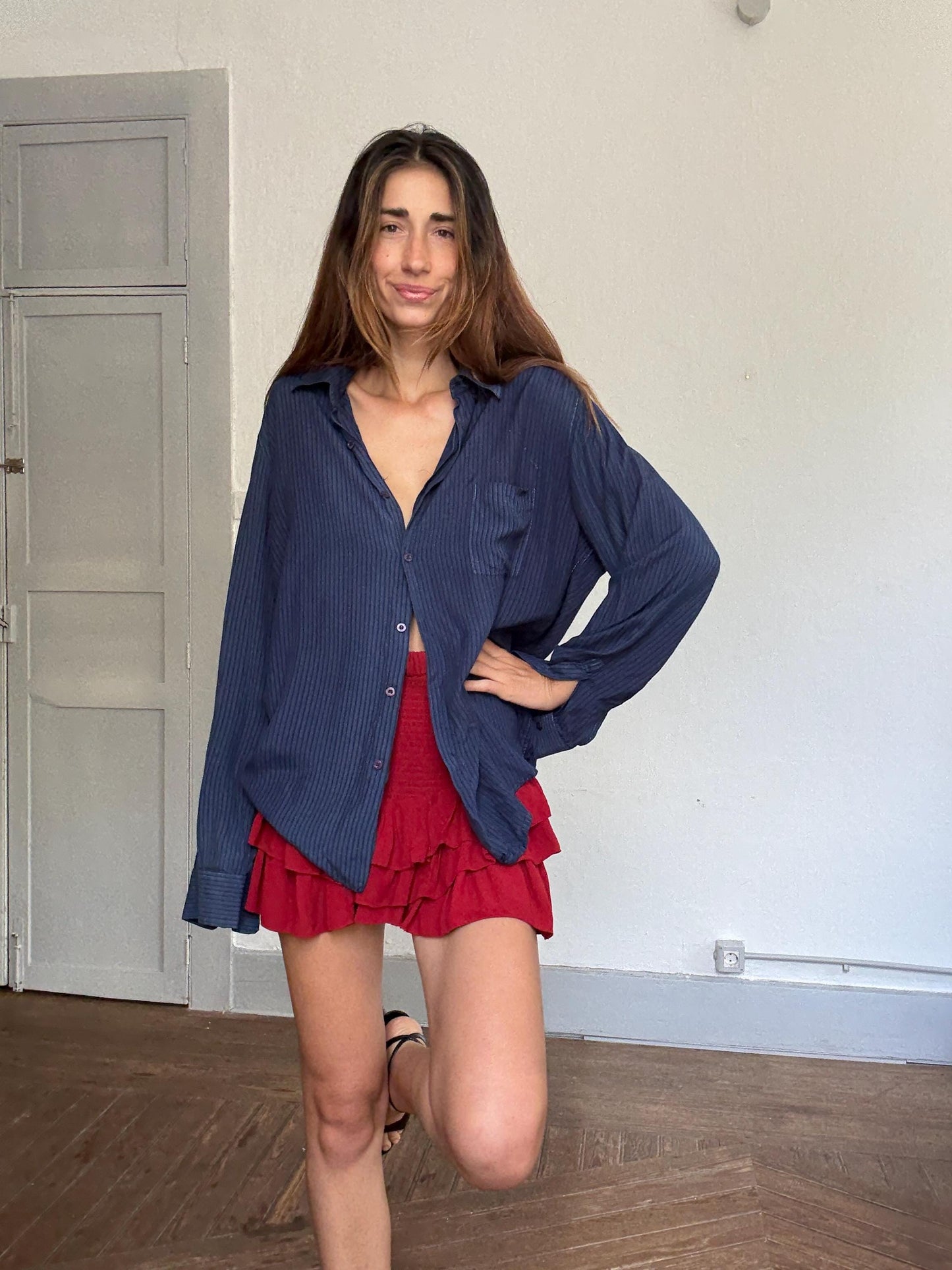 Vintage Adolfo Dominguez Navy Striped Shirt – 90s Minimalist Fit, Kate Moss Style, Sheer Viscose, Oversized Look Size L-XL