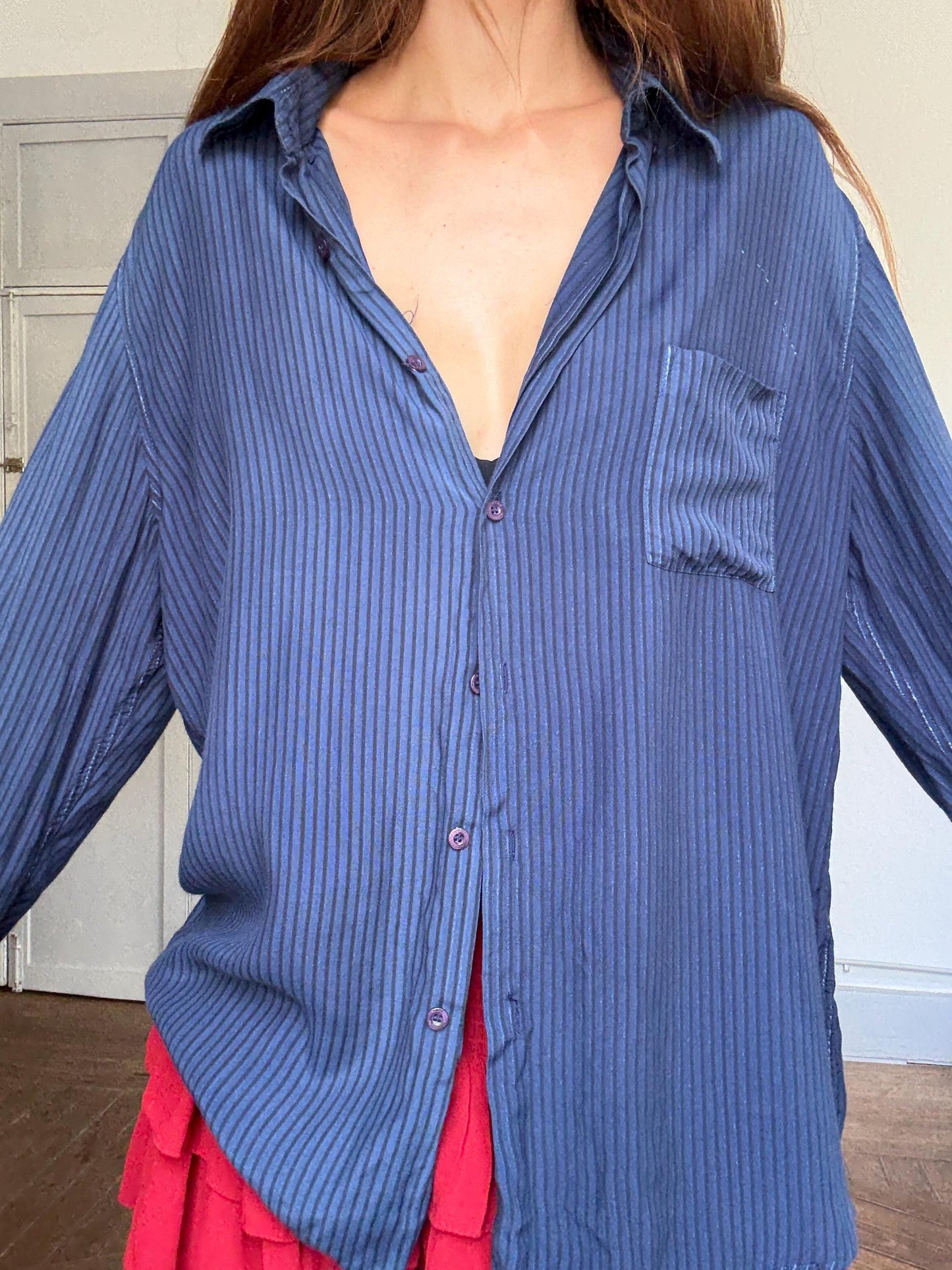 Vintage Adolfo Dominguez Navy Striped Shirt – 90s Minimalist Fit, Kate Moss Style, Sheer Viscose, Oversized Look Size L-XL
