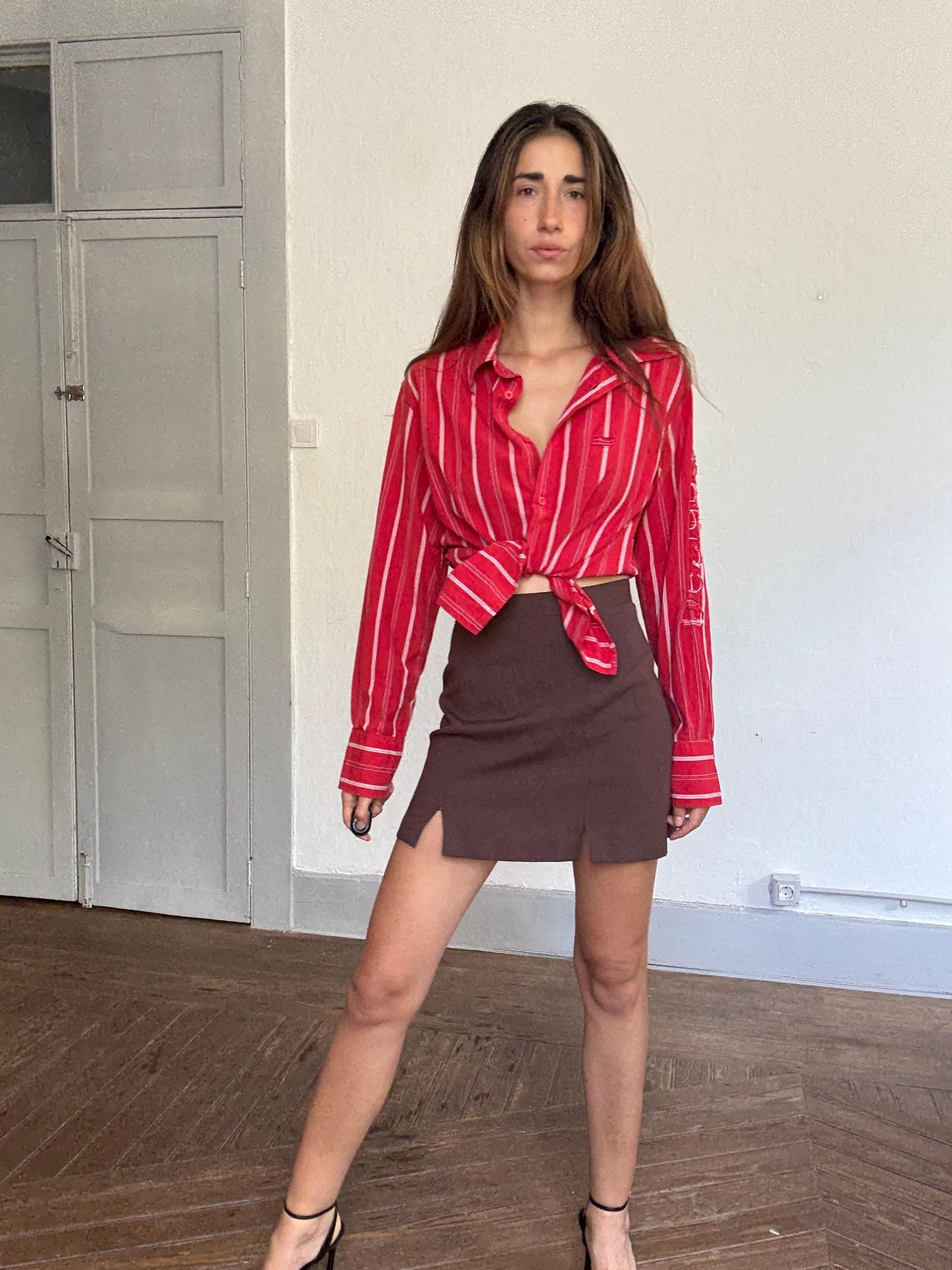 Vintage Desigual red & white striped cotton button up shirt – size L, unisex fit, bold print, Y2K style,