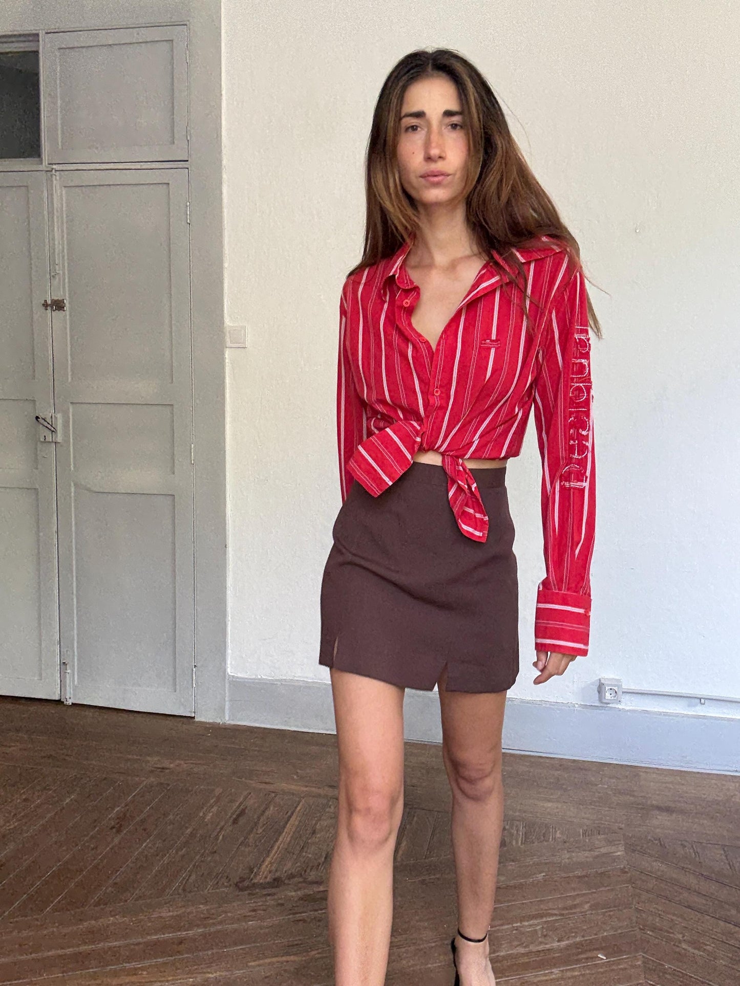 Vintage Desigual red & white striped cotton button up shirt – size L, unisex fit, bold print, Y2K style,