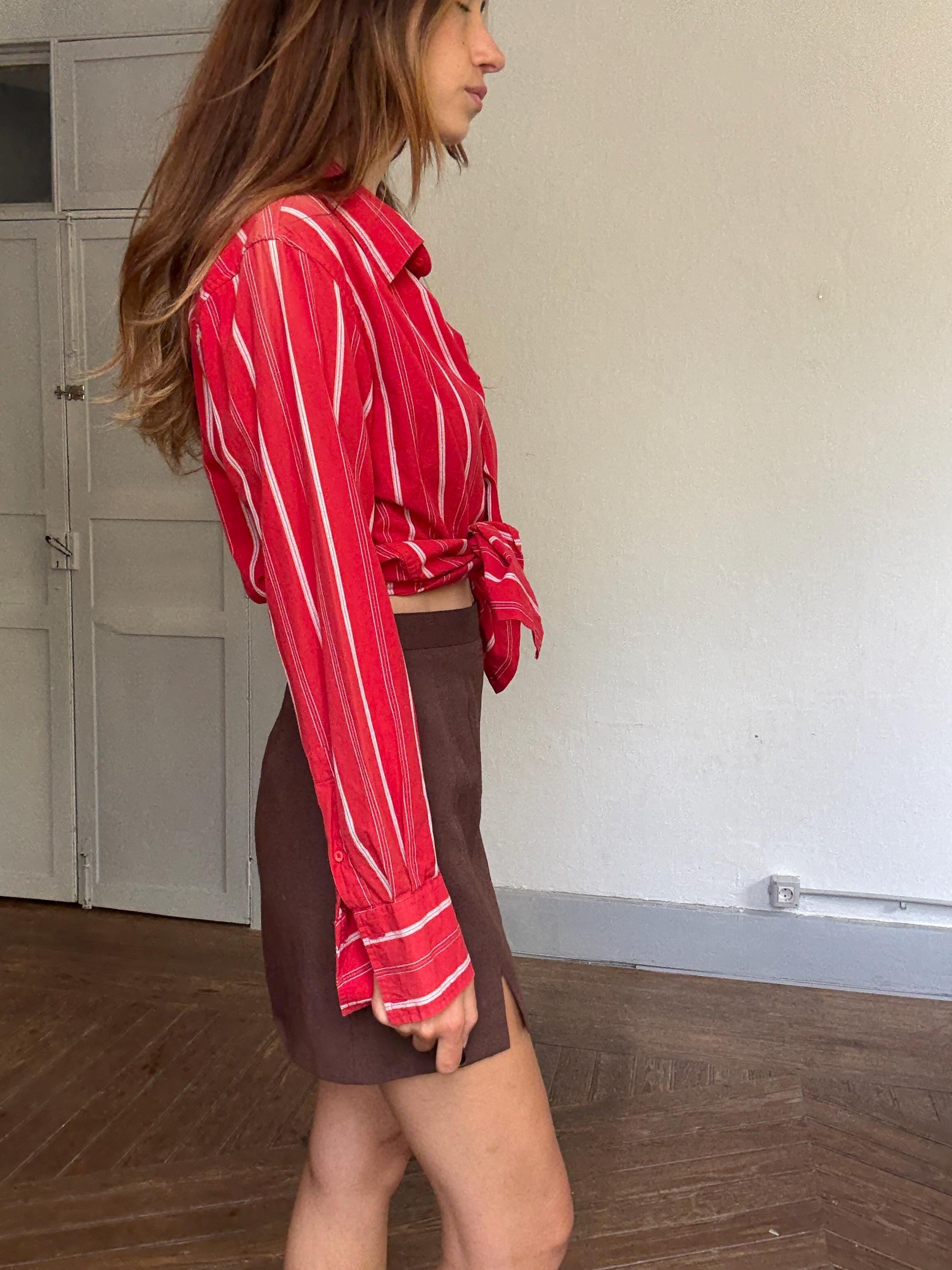 Vintage Desigual red & white striped cotton button up shirt – size L, unisex fit, bold print, Y2K style,