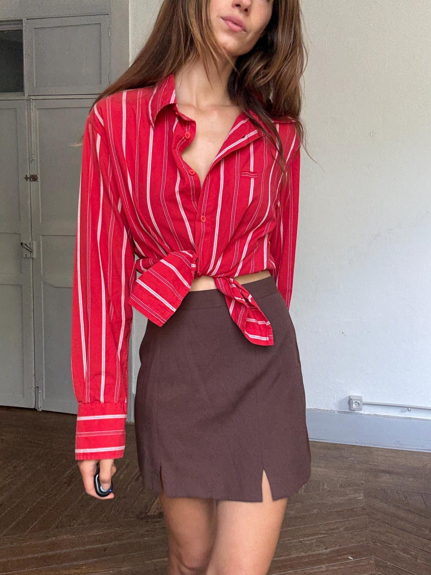 Vintage Desigual red & white striped cotton button up shirt – size L, unisex fit, bold print, Y2K style,