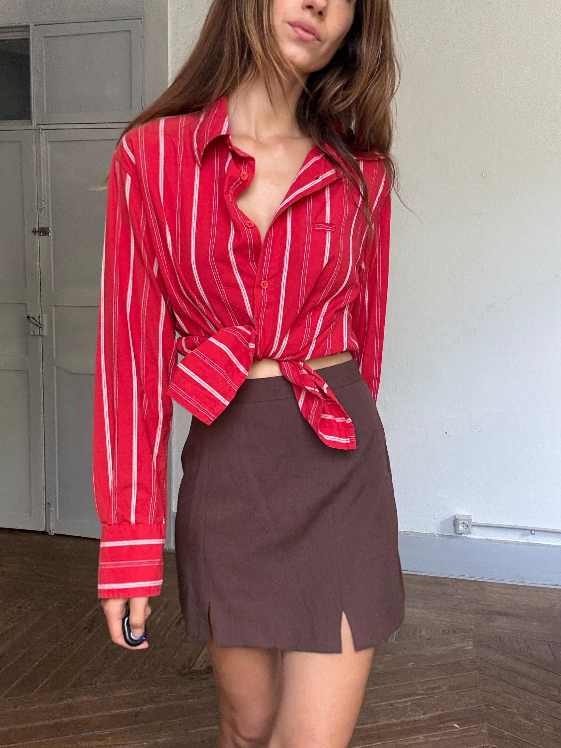 Vintage Desigual red & white striped cotton button up shirt – size L, unisex fit, bold print, Y2K style,