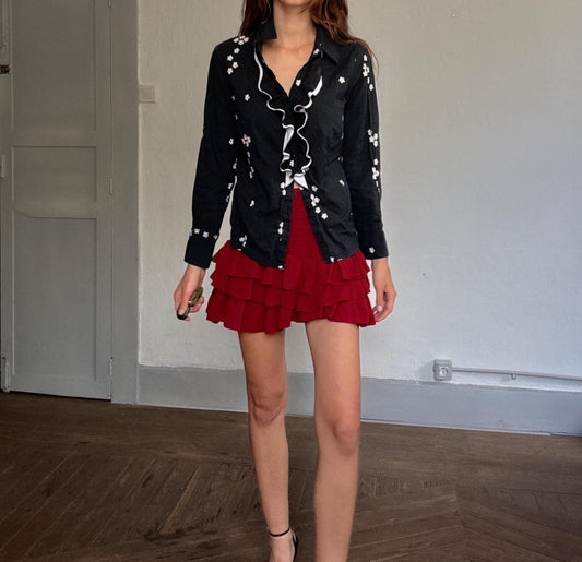 Vintage black ruffle shirt, floral embroidered blouse, romantic goth top, indie sleaze aesthetic, coquette style blouse, Size M - L