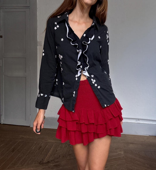 Vintage black ruffle shirt, floral embroidered blouse, romantic goth top, indie sleaze aesthetic, coquette style blouse, Size M - L