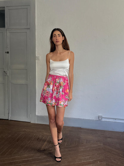 Pink Floral Mini Skirt With Pockets — fabric close-up