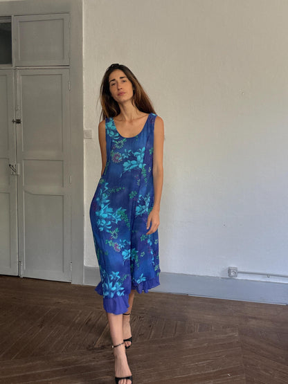 Vintage Blue Floral Midi Dress, Ruffle Hem — fabric close-up