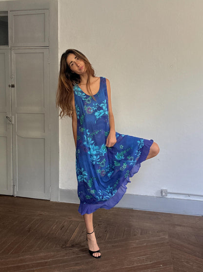 Vintage Blue Floral Midi Dress, Ruffle Hem — detail