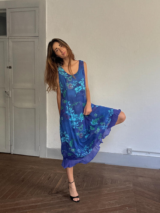 Vintage blue floral midi dress ruffle hem Y2K dreamy vacation style, Summer clothing, Plus size women wear