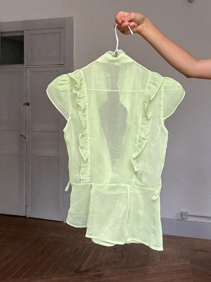 Vintage Green Sheer Mesh Ruffle Blouse — additional view 9