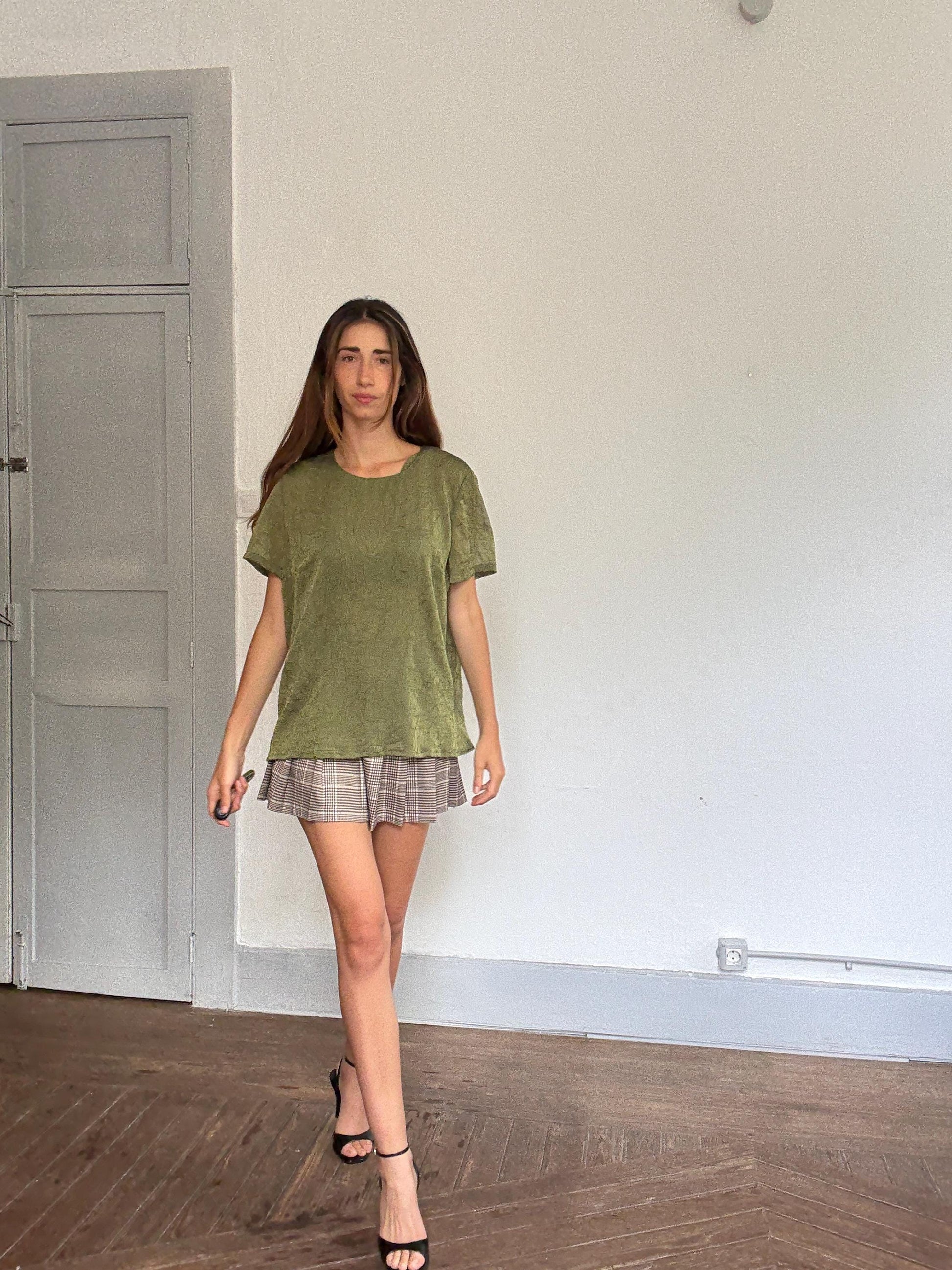 Vintage Blue & Blouze sage green sheer top – see-through crinkled blouse w/ back button, cottagecore romantic look, size EU 50