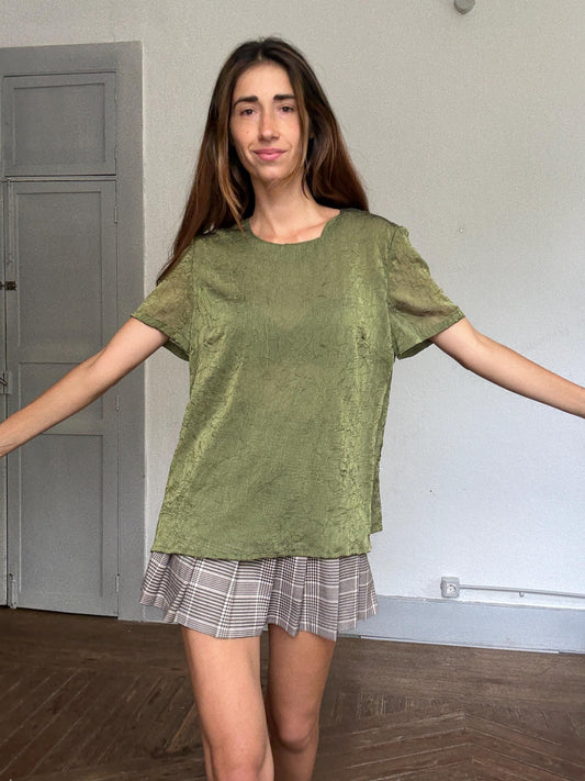 Vintage Blue & Blouze sage green sheer top – see-through crinkled blouse w/ back button, cottagecore romantic look, size EU 50