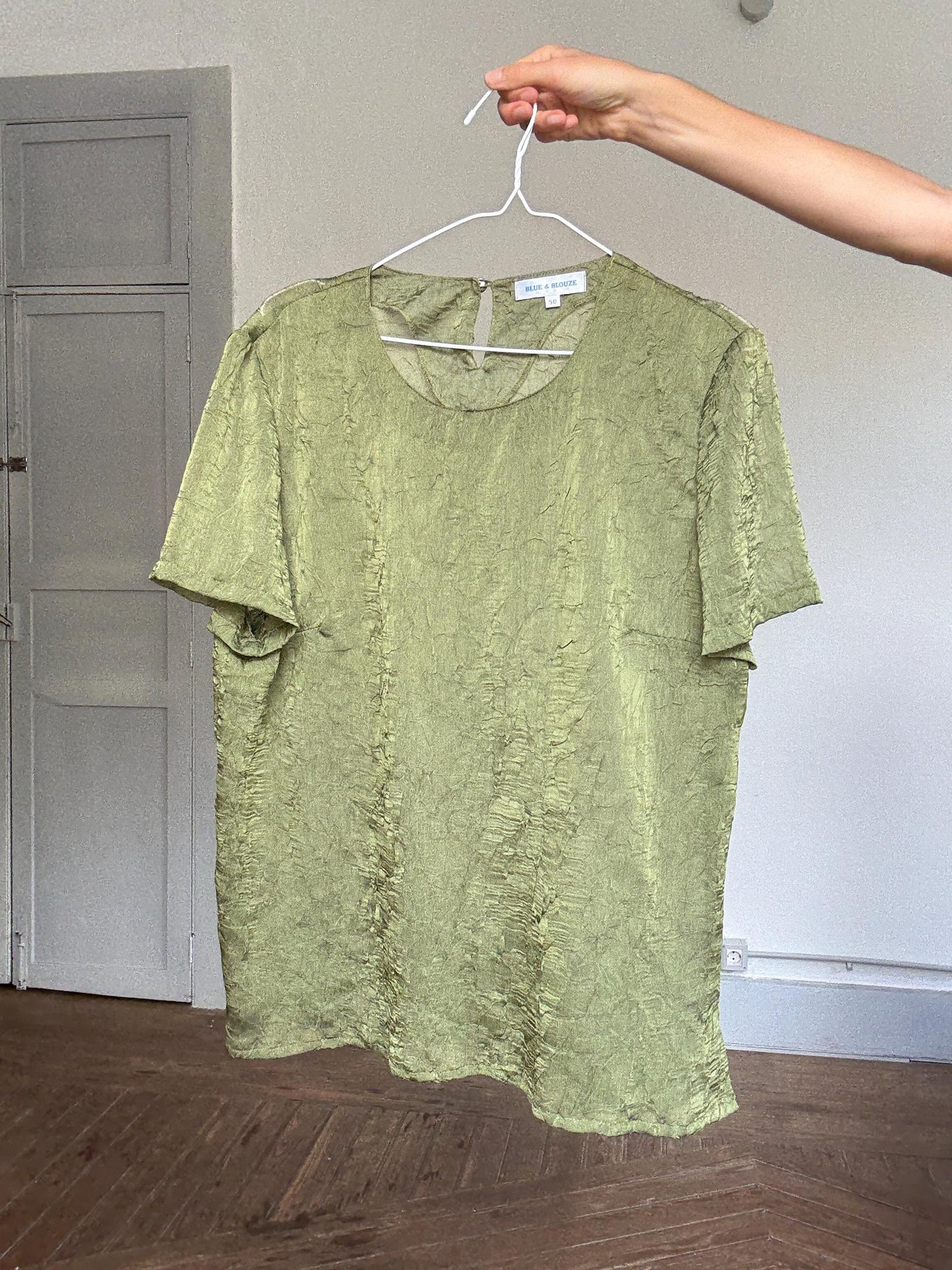Vintage Blue & Blouze sage green sheer top – see-through crinkled blouse w/ back button, cottagecore romantic look, size EU 50