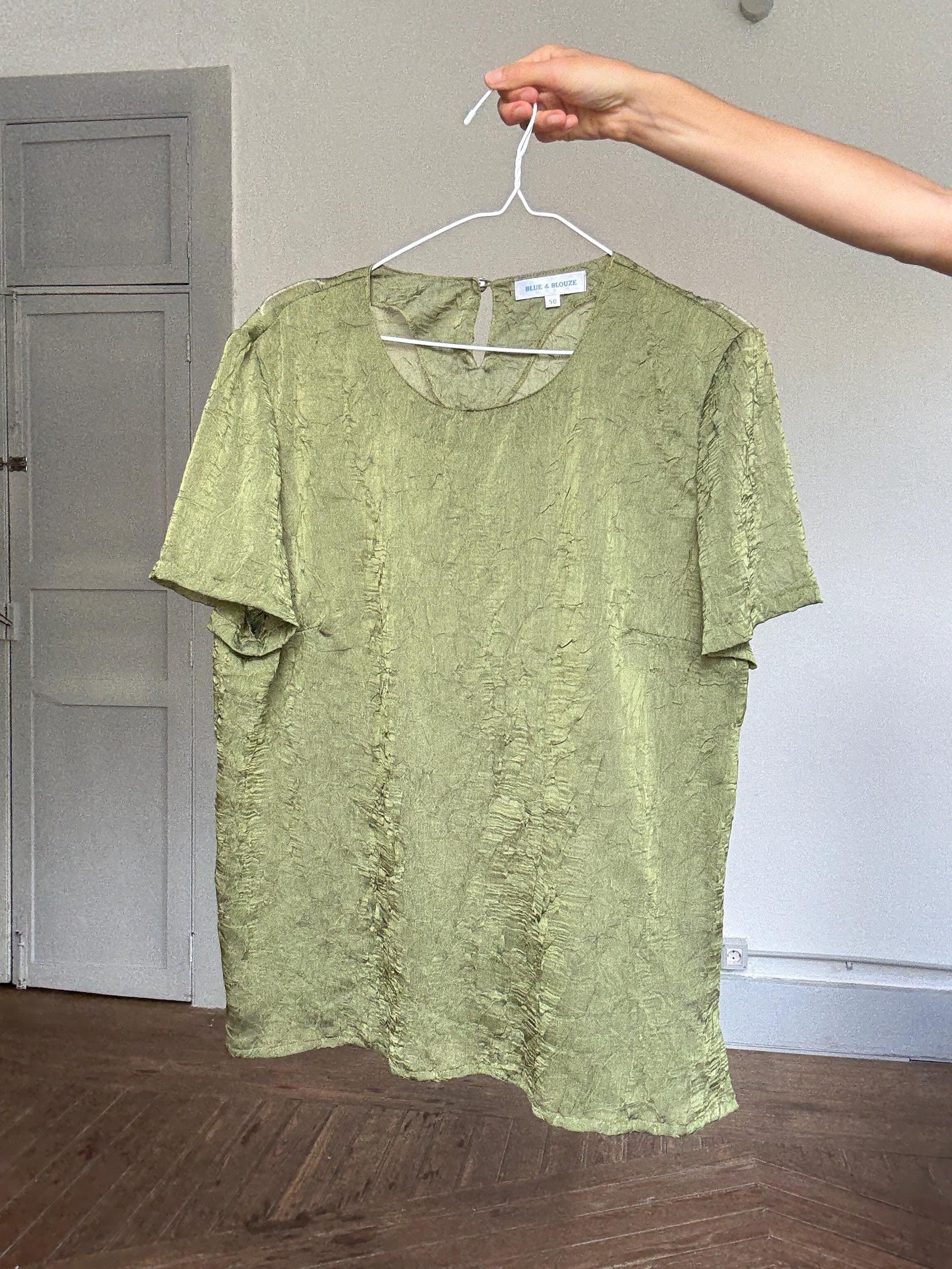 Vintage Blue & Blouze sage green sheer top – see-through crinkled blouse w/ back button, cottagecore romantic look, size EU 50